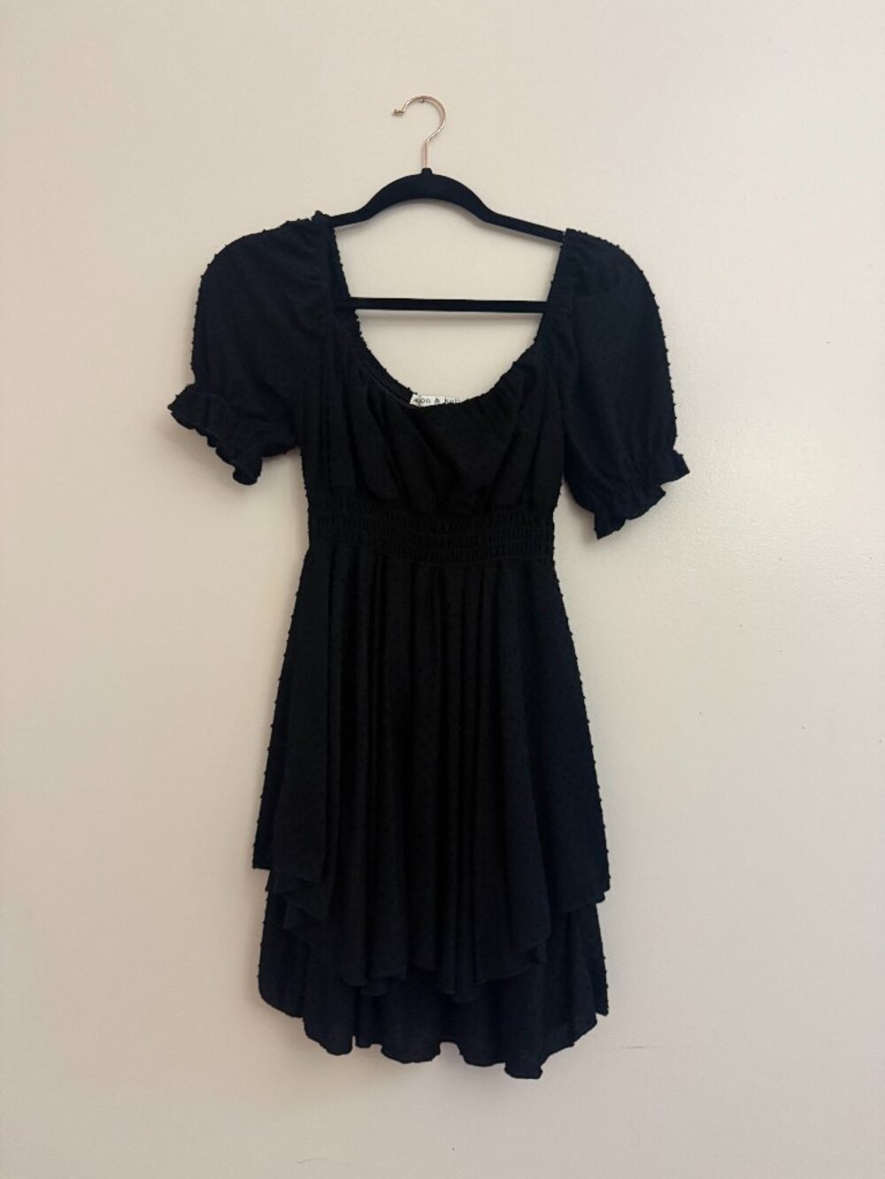 Allison & Kelly Black Swiss Dot Mini Dress | Size Small | Puff Sleeve Babydoll D